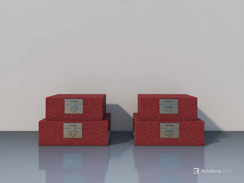 Red Patterned Side Hung Door Boxes With Metal Locks Stacked On Gray Floor 3d model 