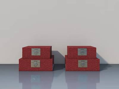Red Patterned Side Hung Door Boxes With Metal Locks Stacked On Gray Floor 3d model