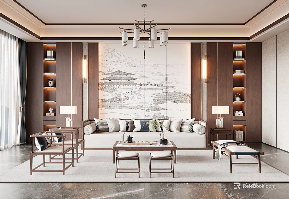 Modern Chinese Living Room Interior With Wooden Sofa Coffee Table And Decorative Painting 3d model 