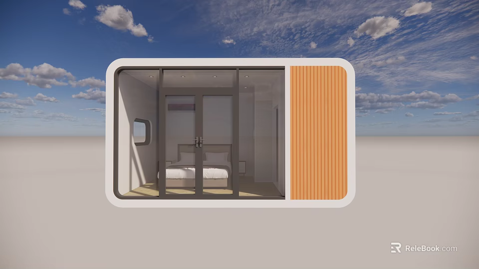 Modern Container Guest House With Glass Doors Wooden Panel And Cozy Bedroom Interior 3d model 
