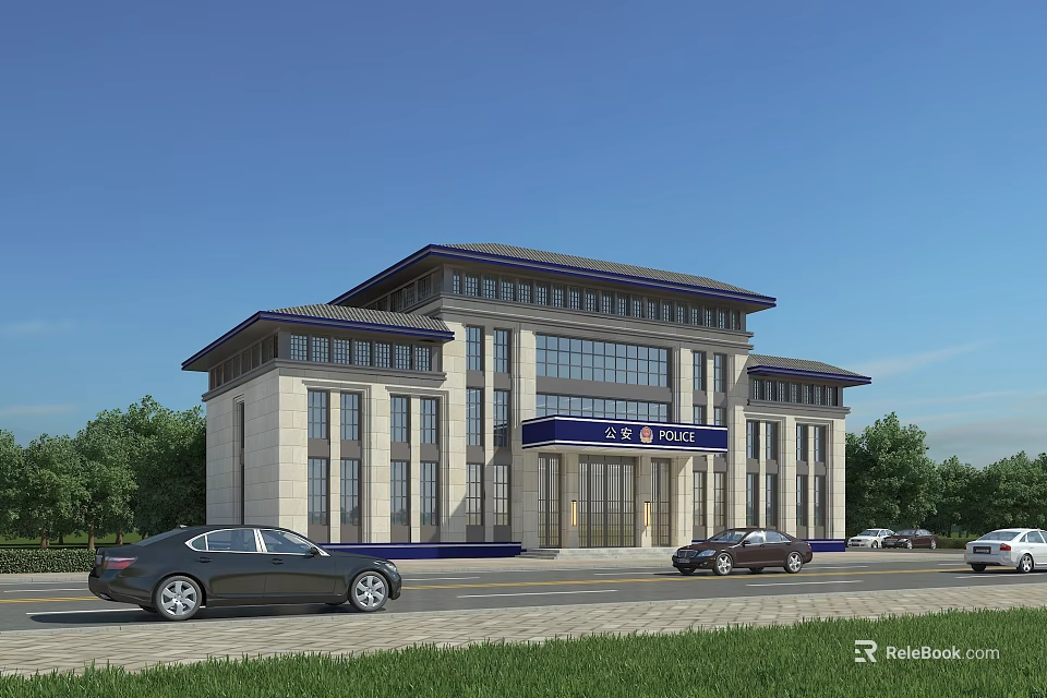 Modern Office Building Exterior With Stone Facade Blue Signage And Parking Area 3d model 