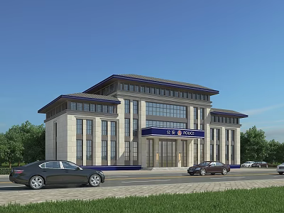 Modern Office Building Exterior With Stone Facade Blue Signage And Parking Area 3d model