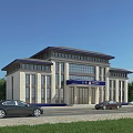 Modern Office Building Exterior With Stone Facade Blue Signage And Parking Area