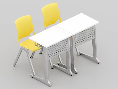 Classroom Furniture Setup With White Desks And Yellow Chairs 3d model