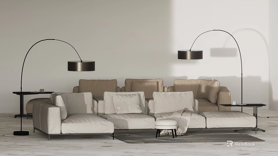Modern Sectional Sofa Coffee Table Combination With Floor Lamps And Neutral Cushions 3d model 