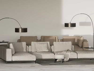 Modern Sectional Sofa Coffee Table Combination With Floor Lamps And Neutral Cushions 3d model