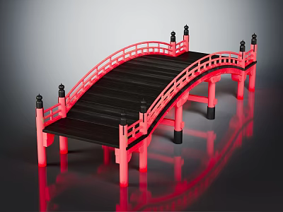 Red Japanese Style Arch Bridge With Black Deck Railing And Decorative Posts 3d model