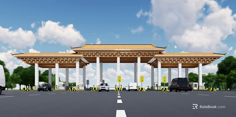 Traditional Chinese Style Gate With Classic Roof Multiple Lanes Vehicles Passing Blue Sky White Clouds 3d model 