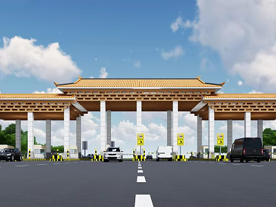 Traditional Chinese Style Gate With Classic Roof Multiple Lanes Vehicles Passing Blue Sky White Clouds 3d model