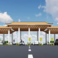 Traditional Chinese Style Gate With Classic Roof Multiple Lanes Vehicles Passing Blue Sky White Clouds
