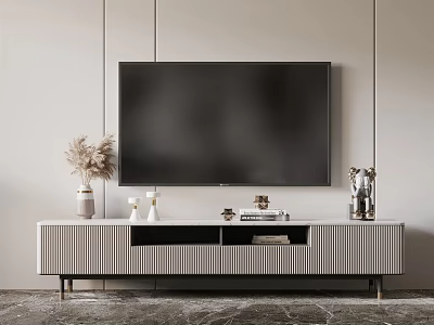 Modern Striped TV Stand with Television and Decorative Items in Living Room 3d model