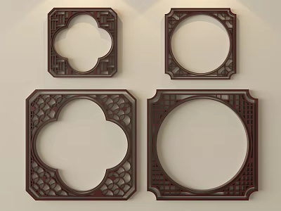 Dark Wooden Carved Decorative Frames With Various Geometric And Floral Patterns For Wall Decor 3d model