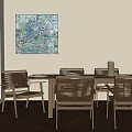 Modern Wooden Dining Table Set With Woven Chairs And Colorful Abstract Painting In Natural Light