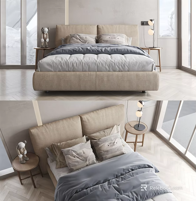 Beige Upholstered Double Bed With Plush Pillows Bedside Tables And Table Lamps In Bright Room 3d model 