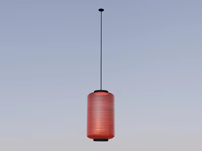Traditional Red Striped Cylindrical Lantern Hanging Against Blue Sky Background 3d model