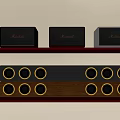Stylish Marshall Audio Speakers On Wooden Shelf Black Red White With Multi Speaker Sound System