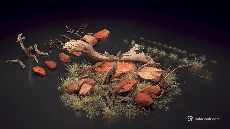 Scenic Natural Landscape With Scattered Red Rocks Driftwood And Dry Grass Elements 3d model 