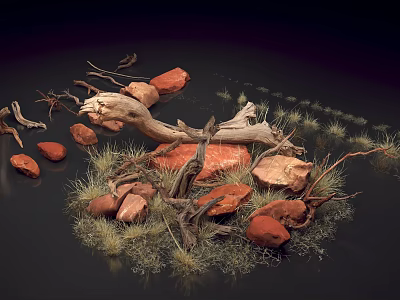 Scenic Natural Landscape With Scattered Red Rocks Driftwood And Dry Grass Elements 3d model