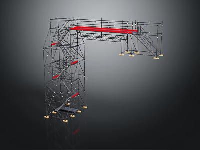 Sturdy Industrial Metal Frame Furniture with Red Shelves and Support Structure 3d model