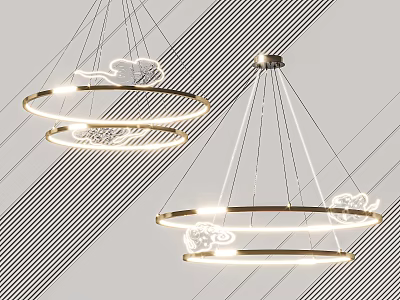 Modern Circular Chandeliers In Interior With Cloud Shaped Decorations And Illuminated Rings 3d model