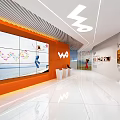 Contemporary Exhibition Hall Interior With Orange Walls White Floor Sofa And Digital Screens