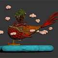 Vibrant Red Flying Bird With Long Feathers Among Clouds And Green Tree On Blue Platform