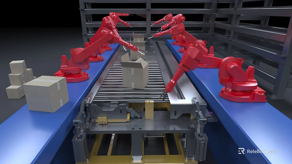 Intelligent Machines Robotic Arms Handling Packages On Conveyor Belt In Warehouse 3d model 