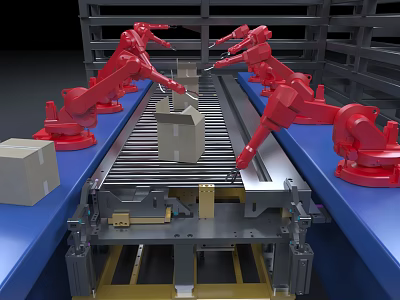 Intelligent Machines Robotic Arms Handling Packages On Conveyor Belt In Warehouse 3d model