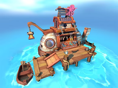 Cartoon Water House Scene With Blue Water Wooden Deck Small Boat Lantern And Pink Decoration 3d model