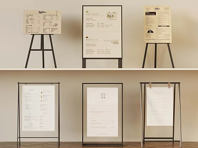 Information Display Signboards With Various Stands And Text Content On Shelf And Floor 3d model