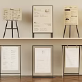 Information Display Signboards With Various Stands And Text Content On Shelf And Floor