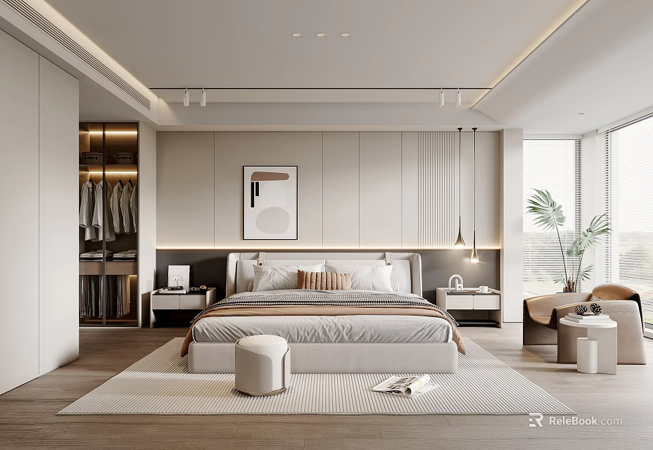 Modern Bedroom Interior Design With Bed Wardrobe Decorative Painting Pendant Lights And Rug 3d model 