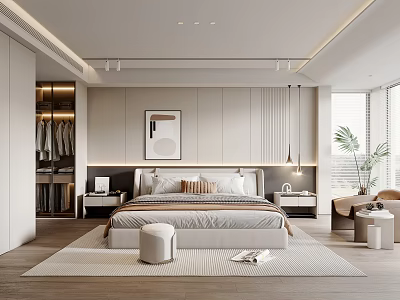 Modern Bedroom Interior Design With Bed Wardrobe Decorative Painting Pendant Lights And Rug 3d model