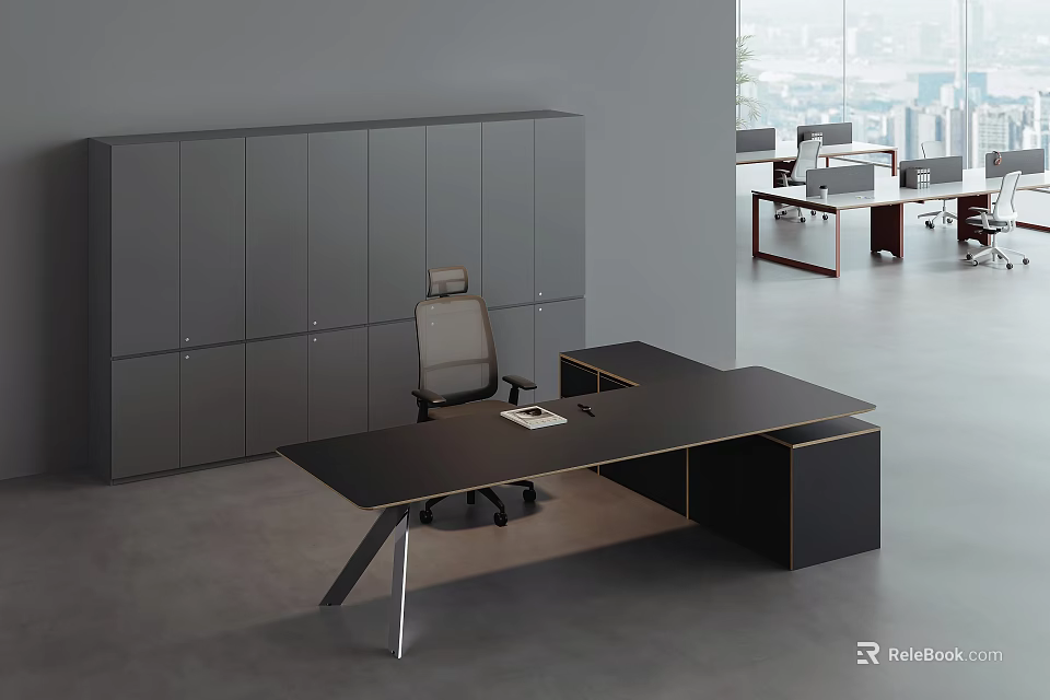 Modern Public Office Space With Gray Cabinet Black Desk And Office Chair 3d model 