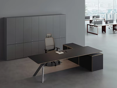 Modern Public Office Space With Gray Cabinet Black Desk And Office Chair 3d model