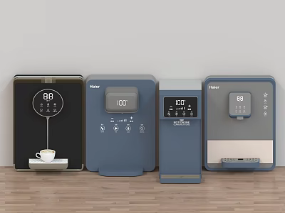 Haier Black And Blue Kitchen Appliances With Digital Display Including Coffee Maker And Water Dispenser 3d model