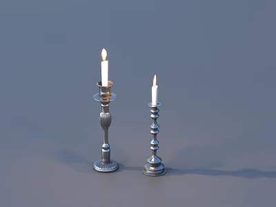 Two Decorative Silver Candlesticks With Lit Candles For Home Living Items 3d model