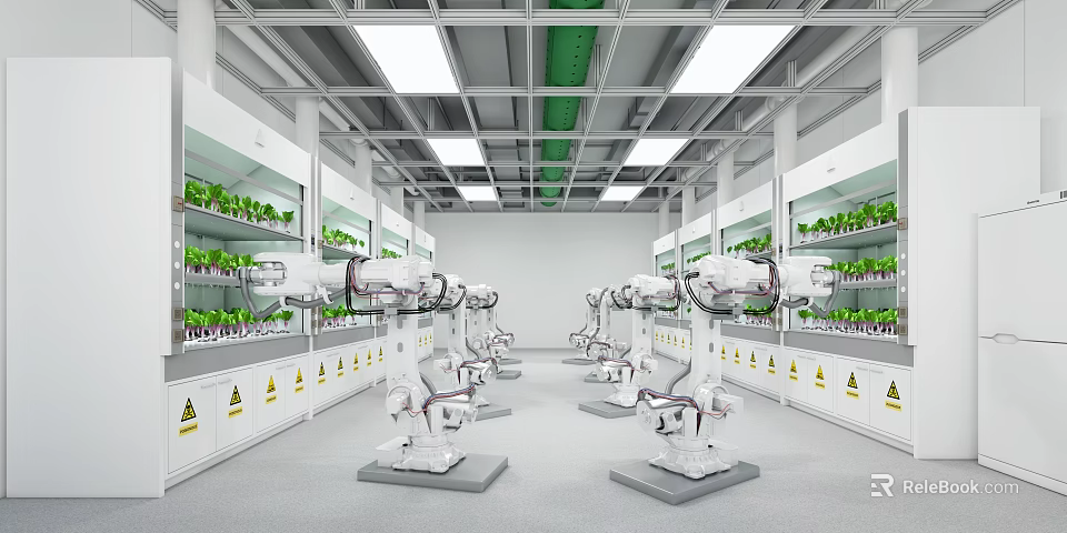 Cartoon Laboratory Scene Featuring White Robotic Arms Green Plants On White Shelves With Warning Signs 3d model 