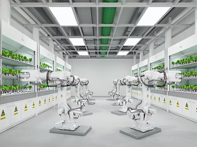 Cartoon Laboratory Scene Featuring White Robotic Arms Green Plants On White Shelves With Warning Signs 3d model