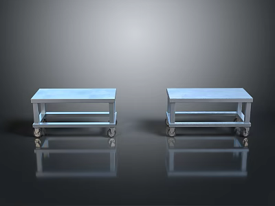 Two Light Blue Metal Frame Dining Tables with Wheels on Black Reflective Floor 3d model