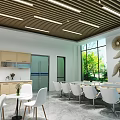 Modern Break Room Interior Design With White Tables Chairs Large Windows And Green Plants