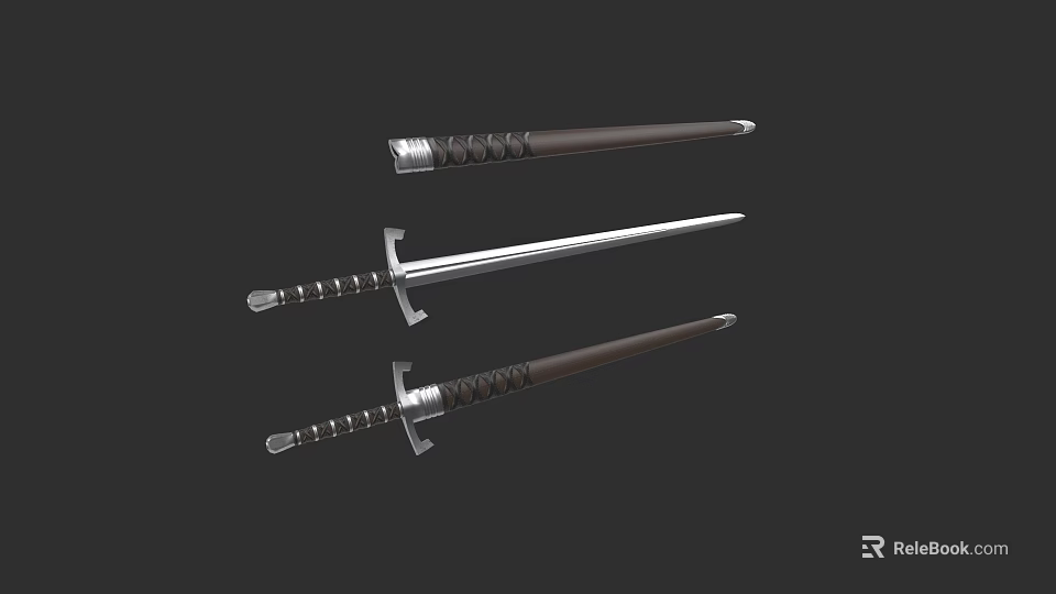 Three Medieval Swords With Metal Blades And Decorative Handles On Black Background 3d model 