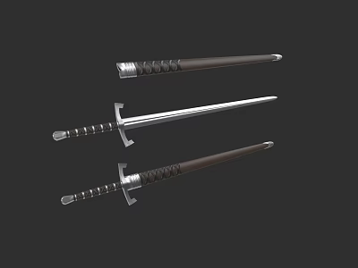 Three Medieval Swords With Metal Blades And Decorative Handles On Black Background 3d model