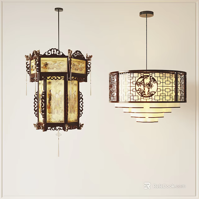 Traditional Chinese Chandeliers with Intricate Carvings Square and Round Lattice Patterns for Interior Decoration 3d model 