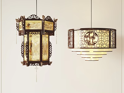 Traditional Chinese Chandeliers with Intricate Carvings Square and Round Lattice Patterns for Interior Decoration 3d model
