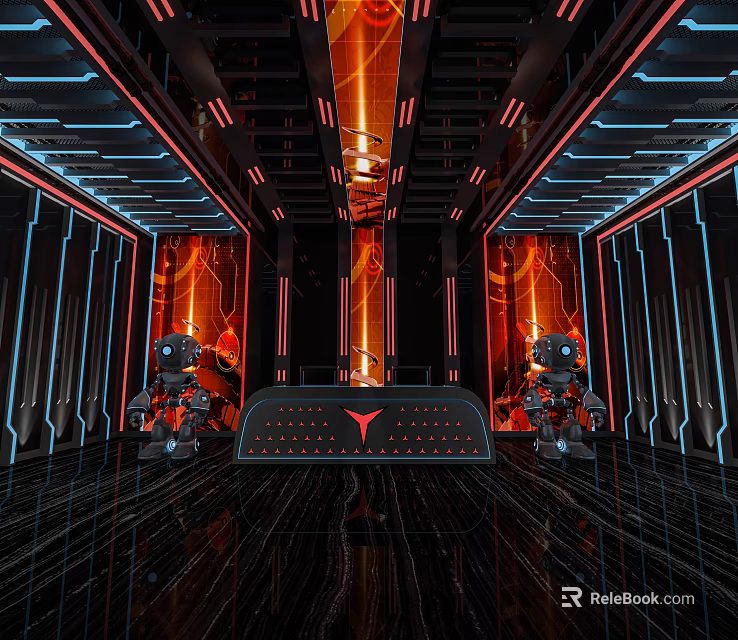 Futuristic Store Front Desk With Red Blue Lighting Robots Illuminated Logo And Geometric Lines 3d model 