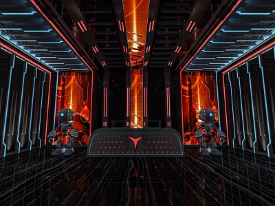 Futuristic Store Front Desk With Red Blue Lighting Robots Illuminated Logo And Geometric Lines 3d model
