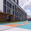 Modern Entrance Gate Design With Stone Wall Metal Canopy And High Rise Building