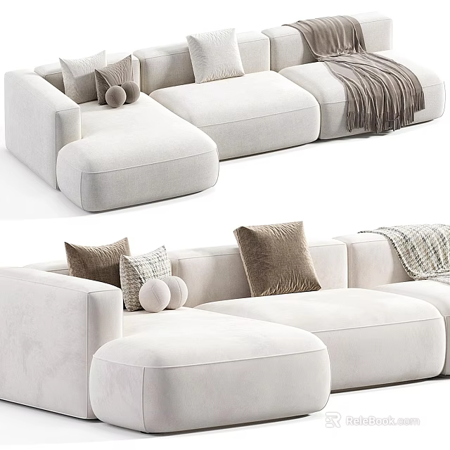 Modern Light Beige Large Sectional Sofa With Decorative Pillows And Soft Blanket 3d model 