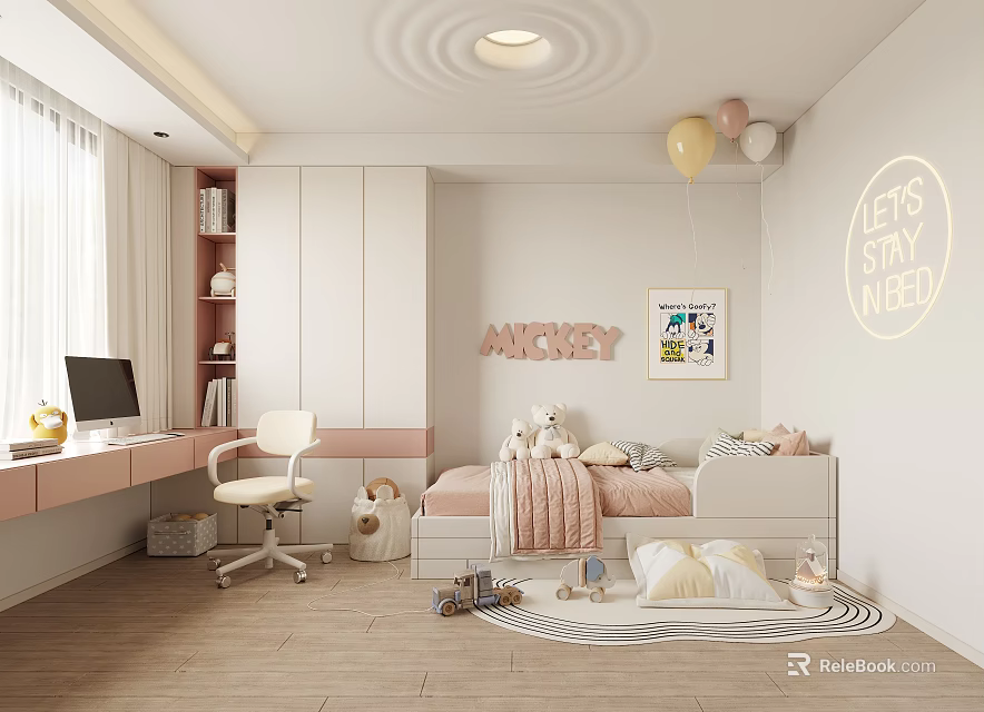 Kids Room Interior With White Walls Pink Bed Teddy Bears Toys And Neon Decor 3d model 